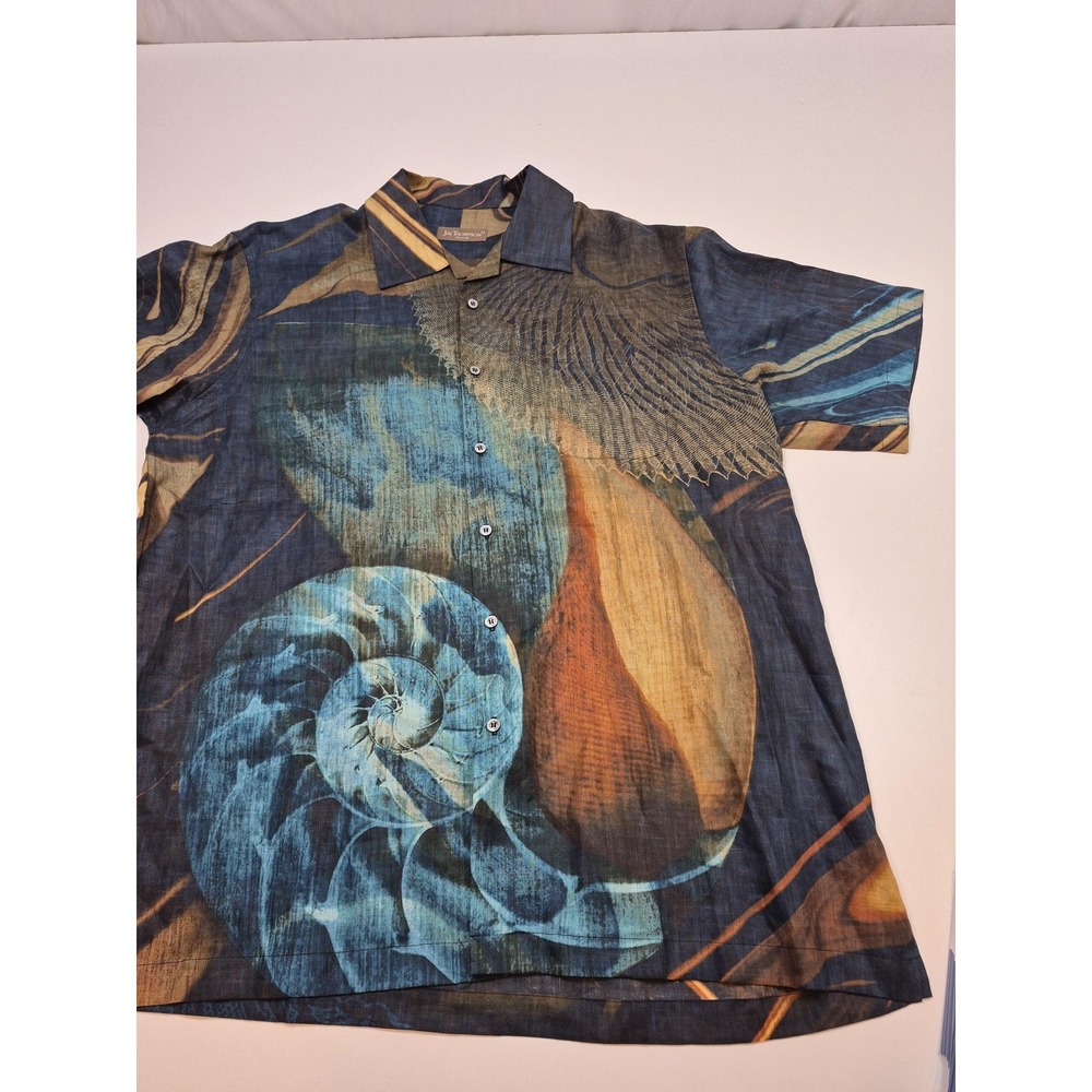 Jim Thompson Shirt Mens XL Blue Linen Seashell Nautical Short Sleeve Button Up